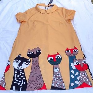 NWT Burnt Yellow A-Line Dress by Zan Zea Collection w/ Cat Colony Border / Plus